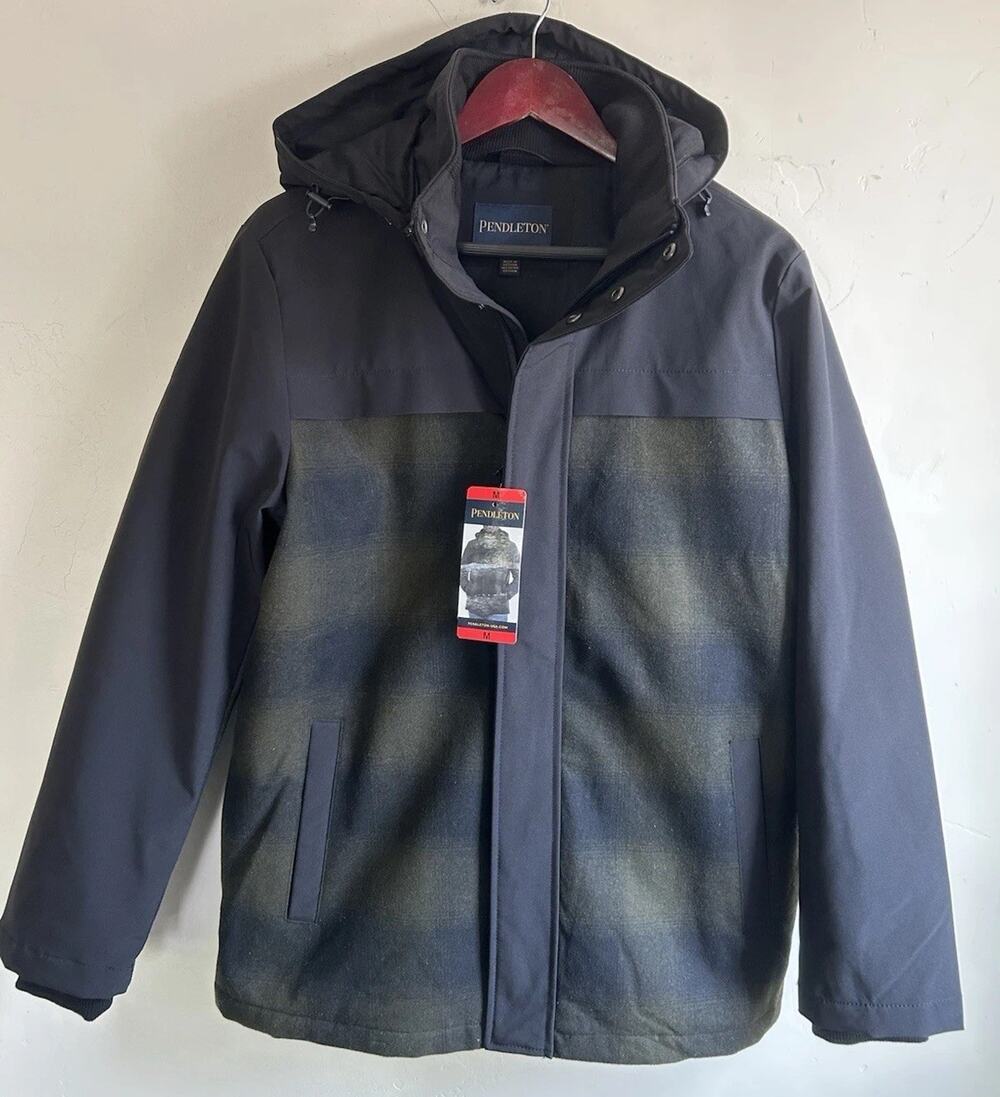 Pendleton Men's Hooded Softshell Wool Blend Zip Jacket GreenBlack Plaid M NWT